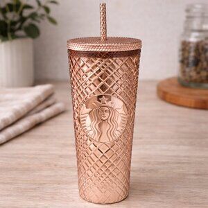 Starbucks Venti 24oz 2021 Metallic Rose Gold Tumbler W/ Lid & Straw Brand NEW